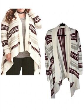 Torrid Cream and Burgundy Striped Asymmetrical Cardigan Sweater plus size 3X